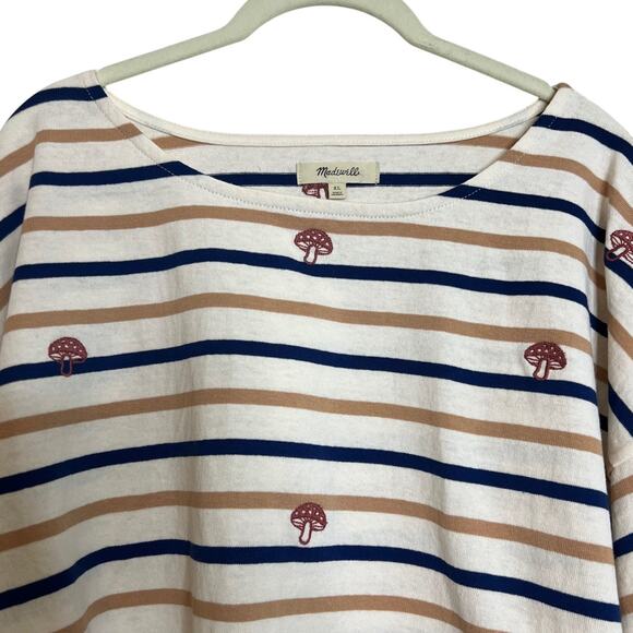 Madewell Striped Mushroom Embroidered Cropped Long Sleeve Tee XL Cream Navy Tan - Picture 2 of 5